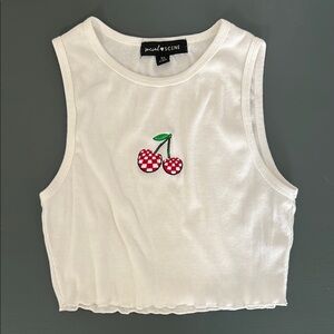 White Cropped Tank Top with Cherry Embroidery